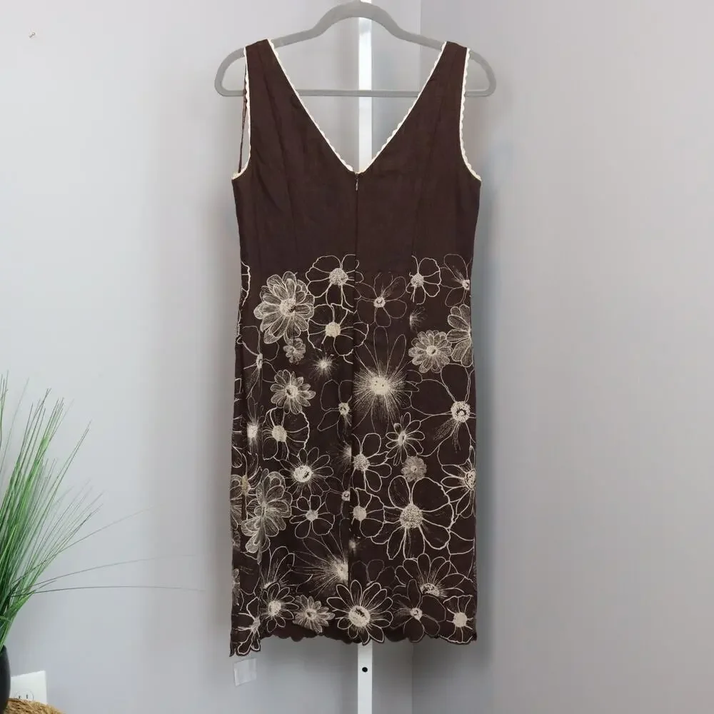 Kay Unger NY Linen Embroidered Dress‎ Size 6 Boho Revival Garden Party